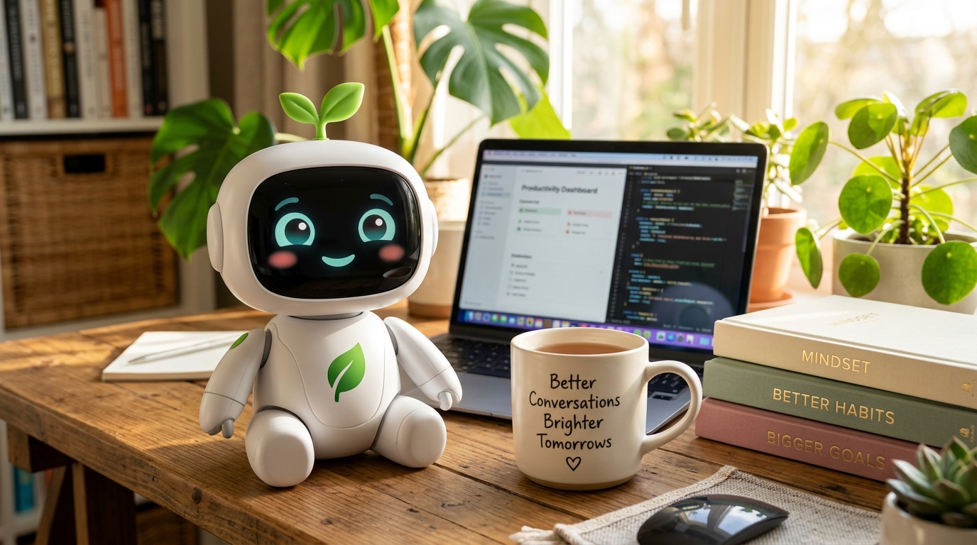 Friendly white AI Coach companion on desk with mug and books
