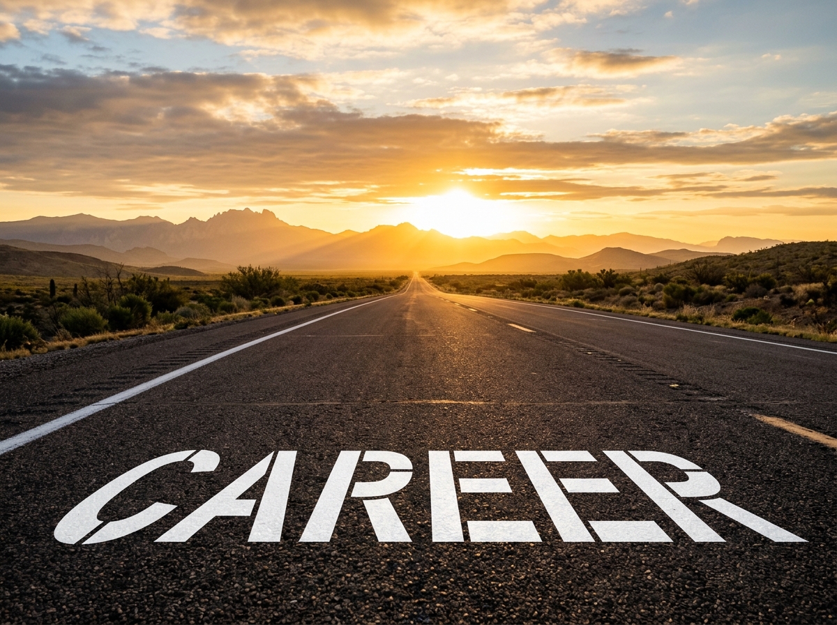 Open road leading to sunrise with CAREER stencil