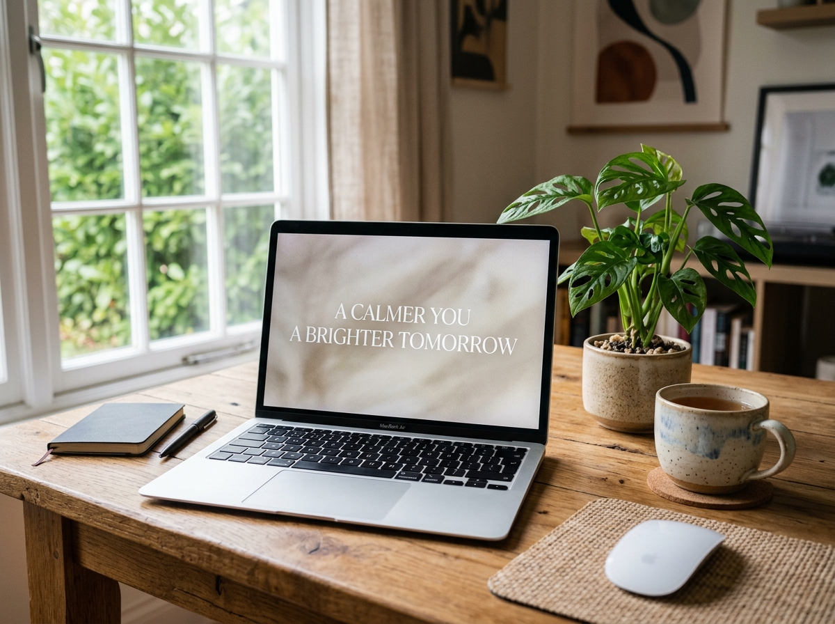 Laptop on desk with plant and mug