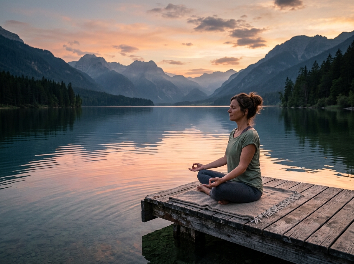 Person meditating by serene mountain lake