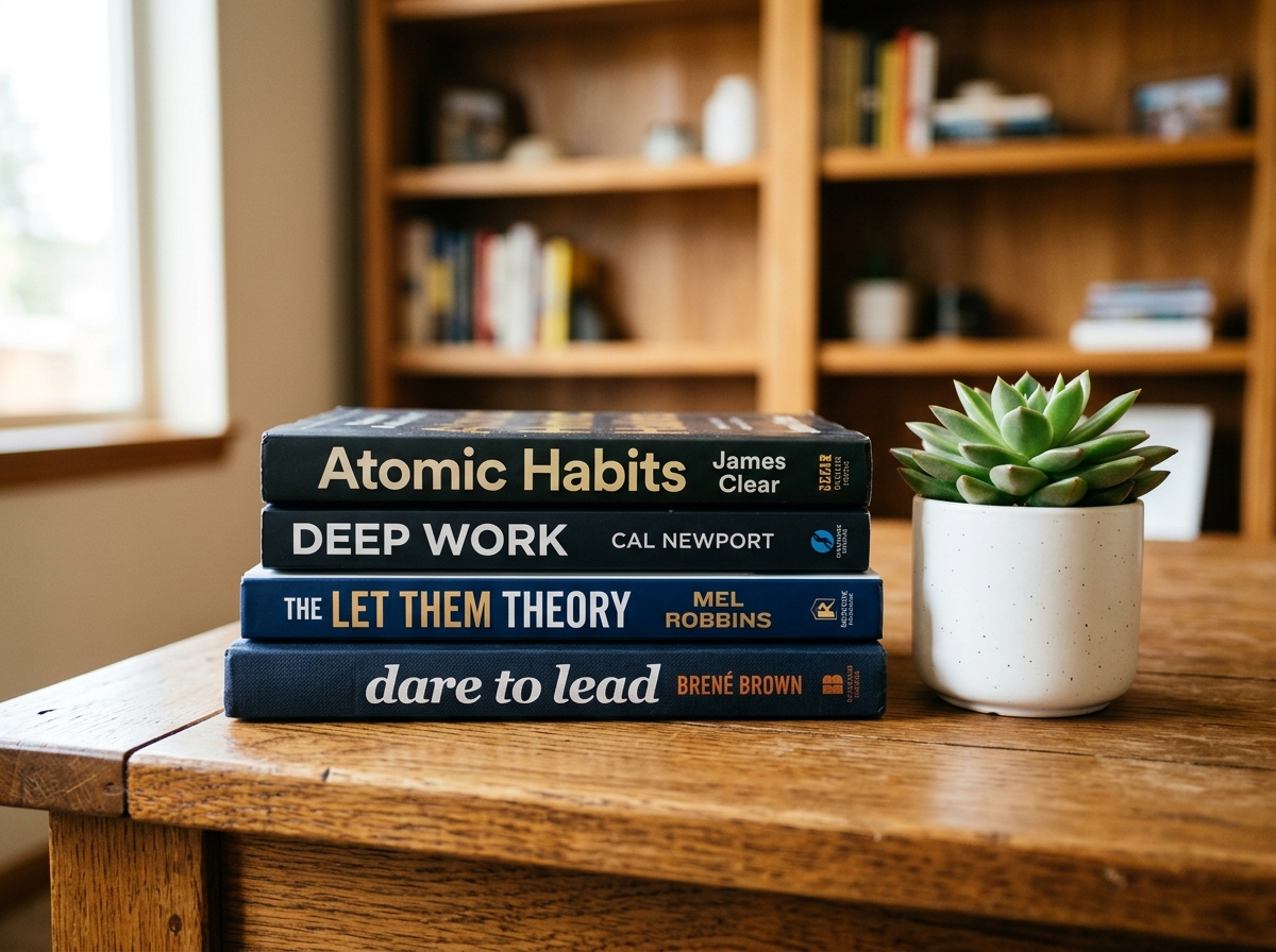 Stack of personal development books on wooden shelf