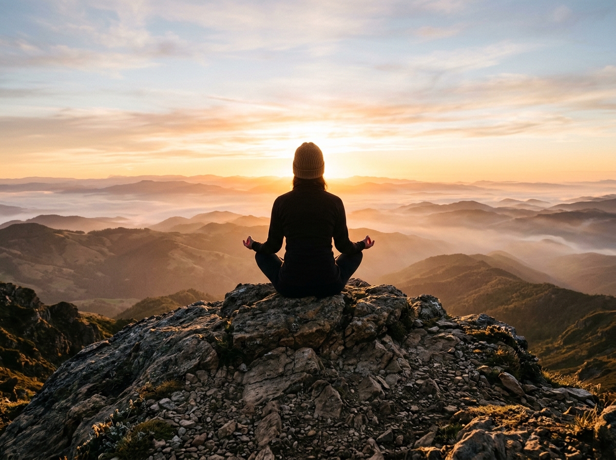 Person meditating on mountain top at sunrise