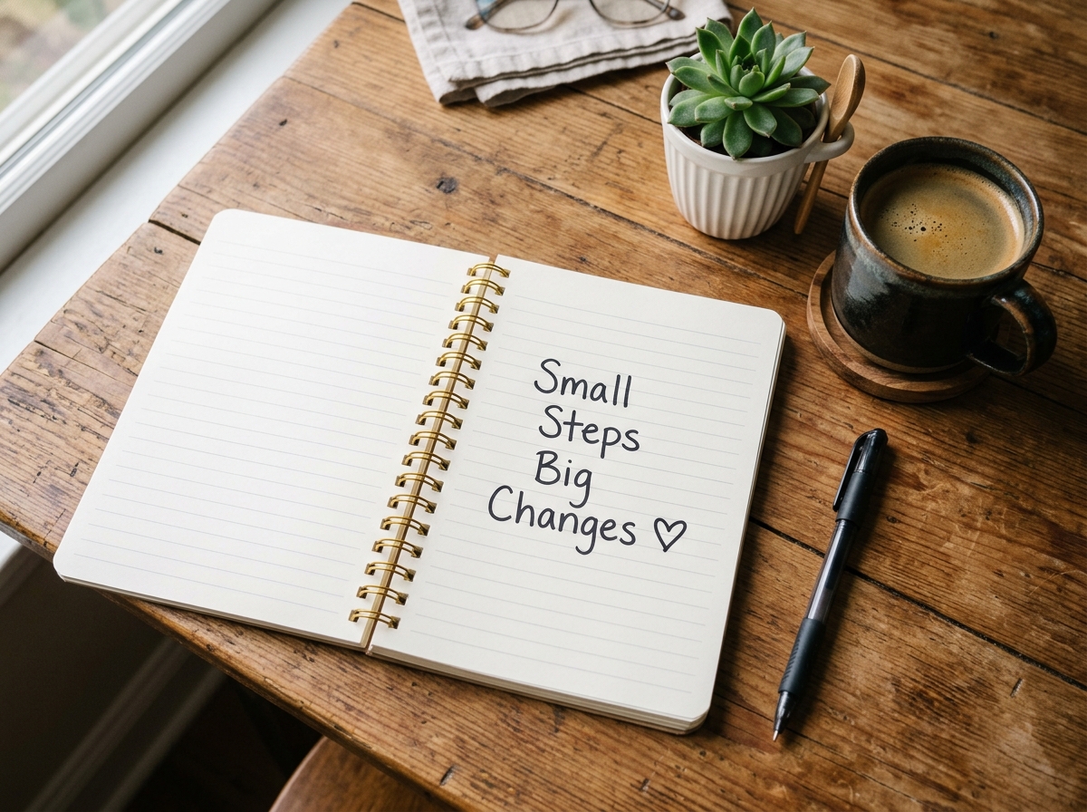 Open spiral workbook on desk with Small Steps Big Changes