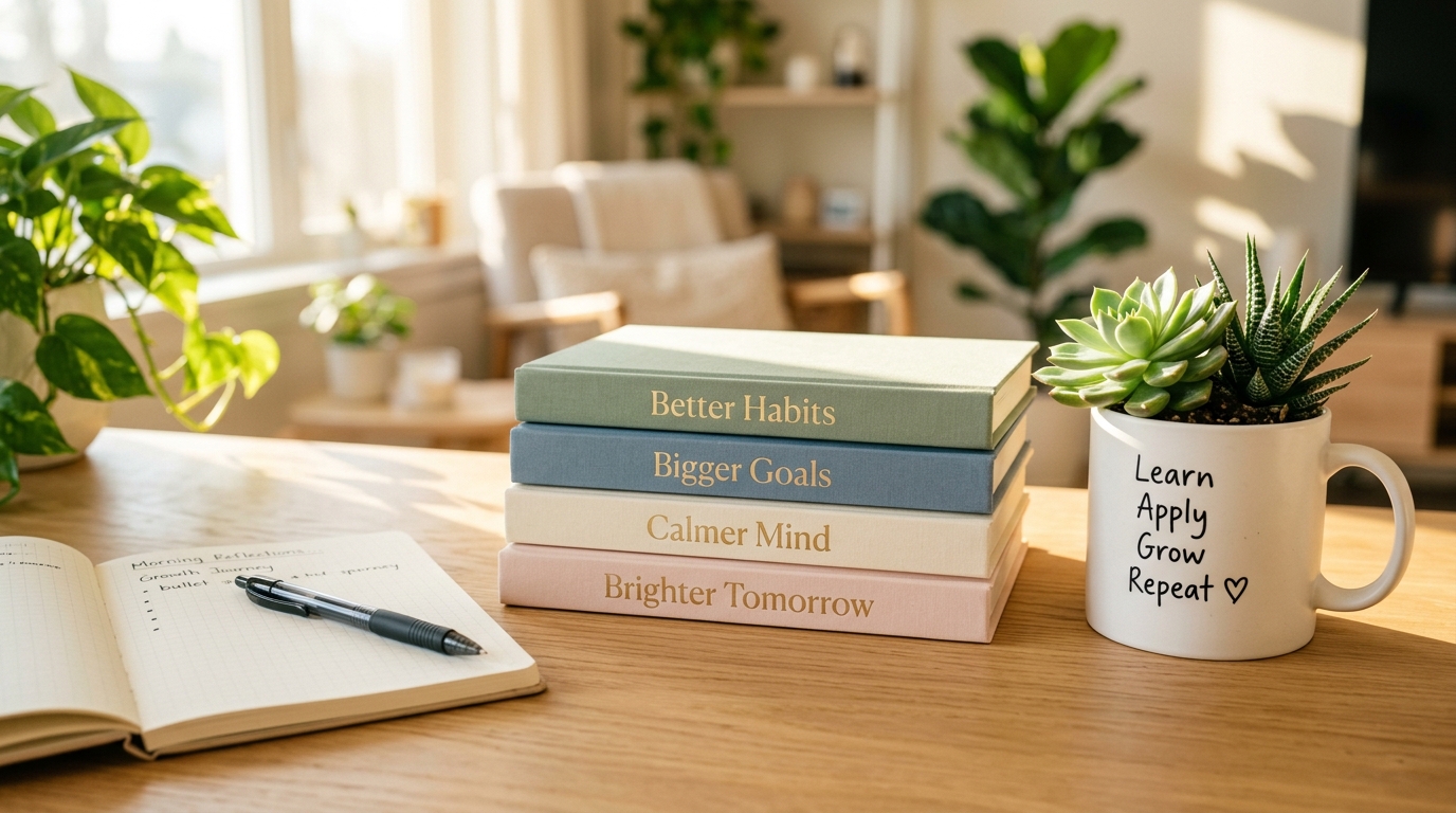 Aesthetic pastel books stack and planter mug with Learn Apply Grow Repeat
